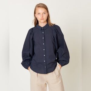 Caron Callahan Dark Navy Button-Front Blouse
